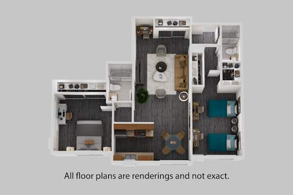 A 3D rendering of a floor plan for a house with a kitchen, living room, and bedrooms.