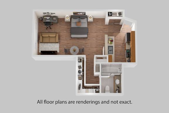 A 3D rendered image of a floor plan for a house.