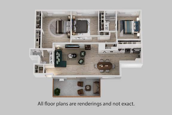 A 3D rendered image of a house layout.