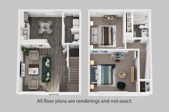 Two renderings of a room with a kitchen and a living room.