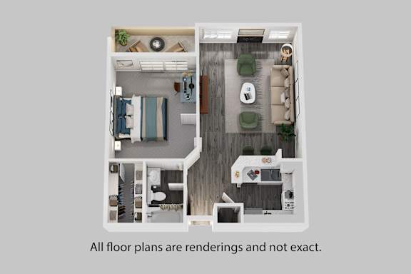 A floor plan of a small apartment with a kitchen, living room, and bathroom.