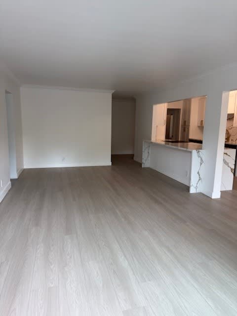 A room with light wood flooring and white walls.