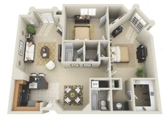 Floor Plan  A 3D floor plan of a house with a living room, kitchen, dining room, and bedrooms.