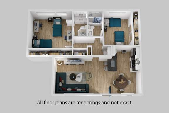A set of three renderings of a floor plan for a house or apartment.