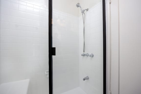 a bathroom with a shower and a sink