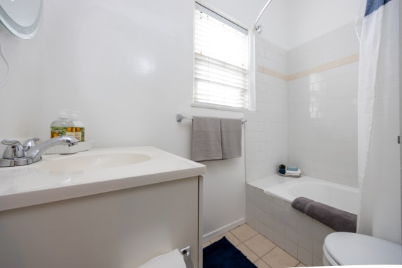 a bathroom with a sink and a bath tub and a window