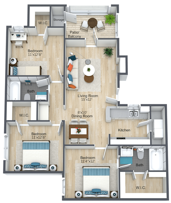 A detailed 3D floor plan of a three-bedroom apartment.