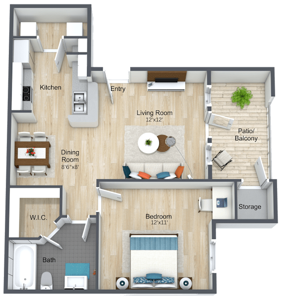 Floor Plan  A 3D rendered image of a house layout with a living room, kitchen, dining room, bedroom, bathroom, and storage.