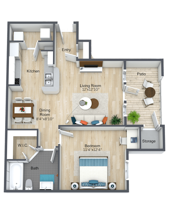 A 3D rendered image of a house layout with labeled rooms.