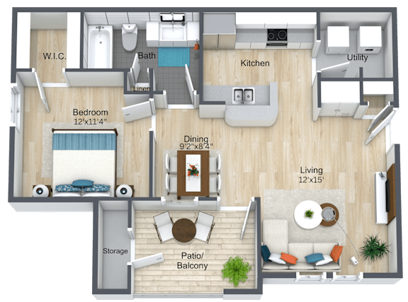 Floor Plan  A floor plan of a small apartment with a living room, kitchen, and bathroom.