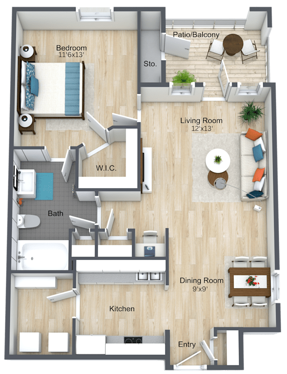 A floor plan of an apartment with a living room, dining room, kitchen, bath, and bedroom.