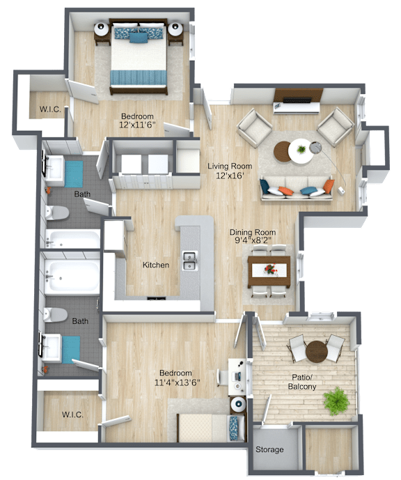 Floor Plan  A floor plan of an apartment with a living room, dining room, kitchen, and multiple bathrooms.