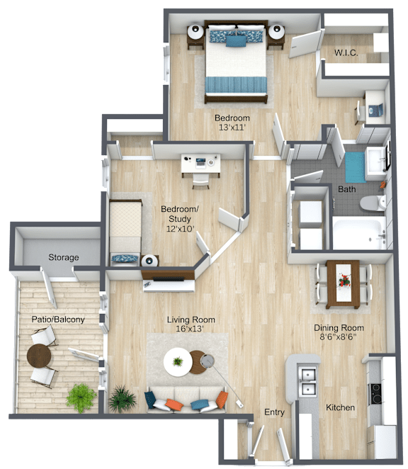 A floor plan of a living space with a living room, kitchen, two bedrooms, a bathroom, and storage.