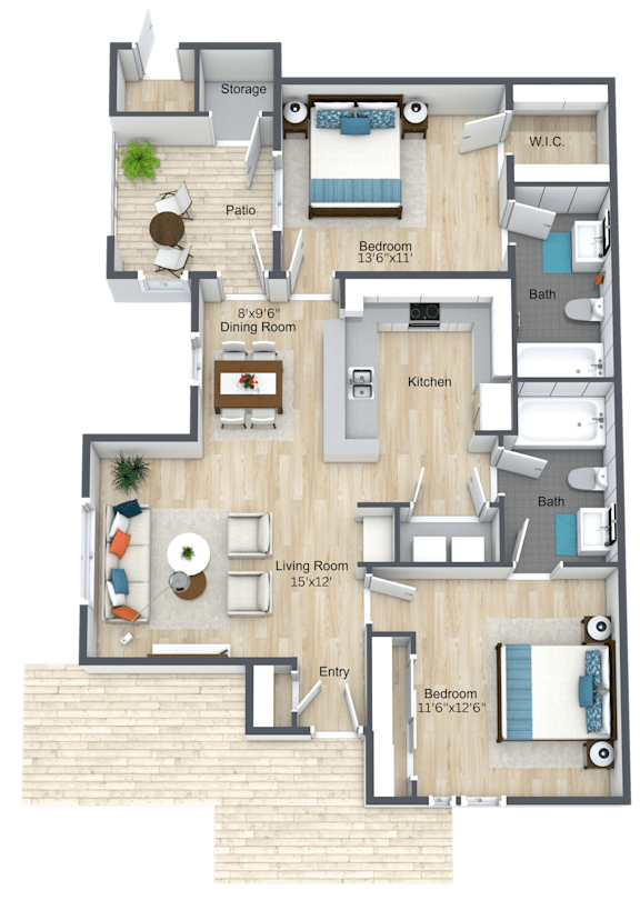 A floor plan of a two-bedroom apartment with a living room, dining room, kitchen, and bathroom.