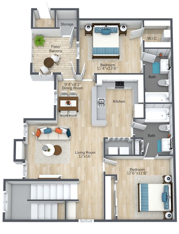 A floor plan of an apartment with a living room, dining room, kitchen, and multiple bedrooms.