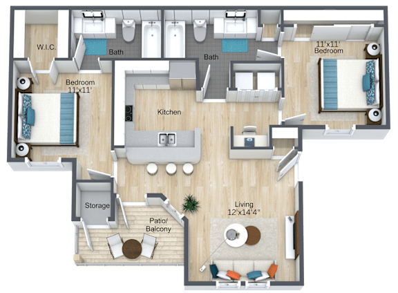 A floor plan of an apartment with two bedrooms, a living room, a kitchen, a bathroom, a storage area, and a balcony.