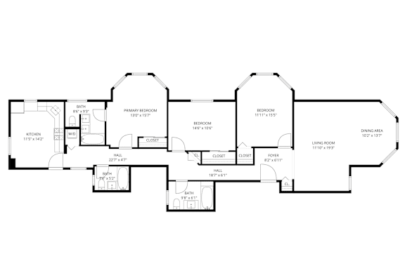 A floor plan of a house with a kitchen, living room, and two bathrooms.