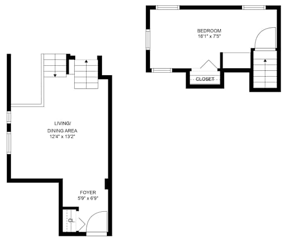 A floor plan of a small apartment with a bedroom, living/dining area, and a foyer.