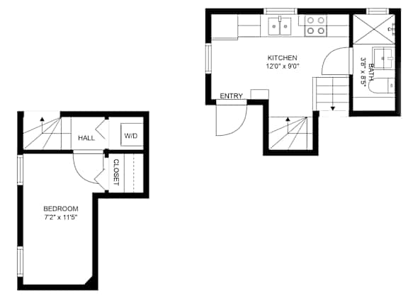 A floor plan of a house with a kitchen, bedroom and hallway.