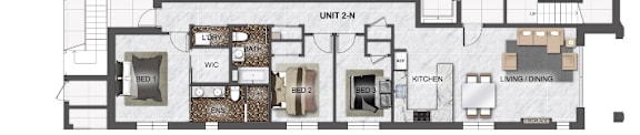 A floor plan of a unit with three bedrooms, a living room, a kitchen, a bathroom, and an entry way.