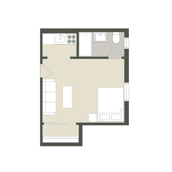 A floor plan of a small apartment with a kitchen, living room, and bathroom.