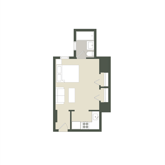 A floor plan of a house with a kitchen, living room, and two bedrooms.