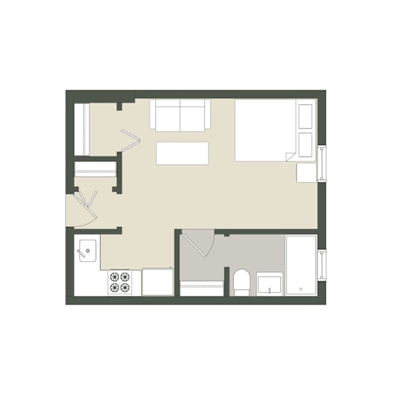 A floor plan of a room with furniture and appliances.