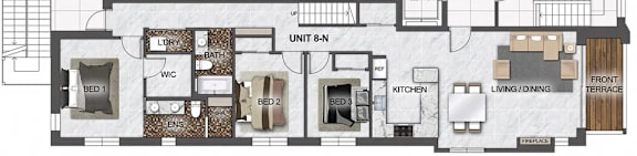 A floor plan of a unit shows three bedrooms, a living area, a kitchen, and a terrace.