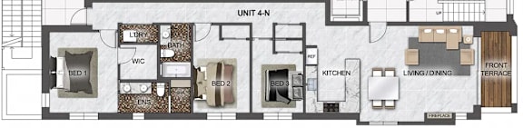 A floor plan of a unit with three bedrooms, a living area, a kitchen, and a terrace.