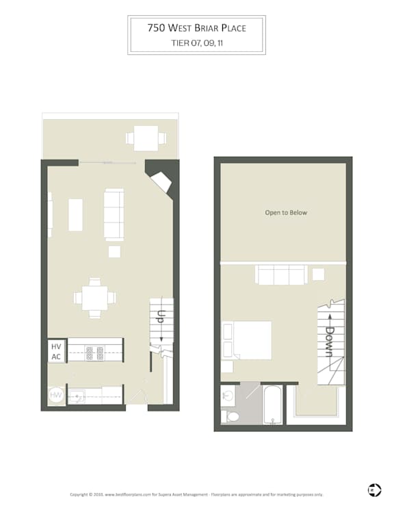 Floor plan of a 750 West Briar Place showing two bedrooms, a living room, a kitchen, and a bathroom.
