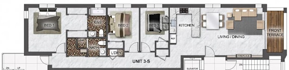 A floor plan of an apartment with three bedrooms, a kitchen, a living room, and a terrace.