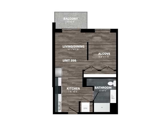 A diagram of a floor plan for a unit with a living room, kitchen, and bathroom.