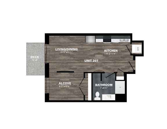 A floor plan of a unit with a living/dining area, kitchen, bathroom and alcove.