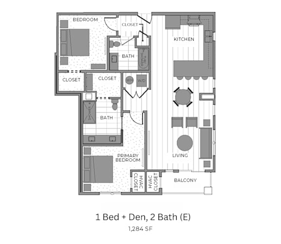 A floor plan of a one bedroom apartment with two bathrooms.