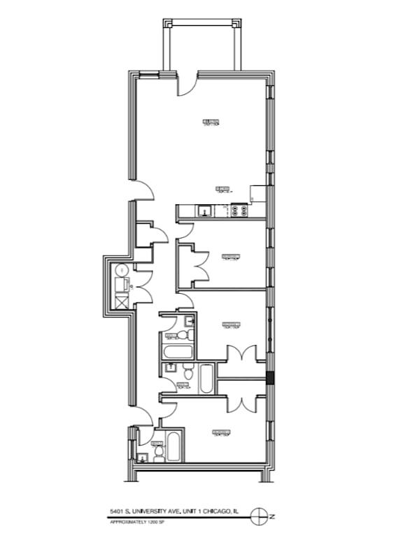 A black and white image of a floor plan for 5401 S University Ave, Unit 1, Chicago, IL.