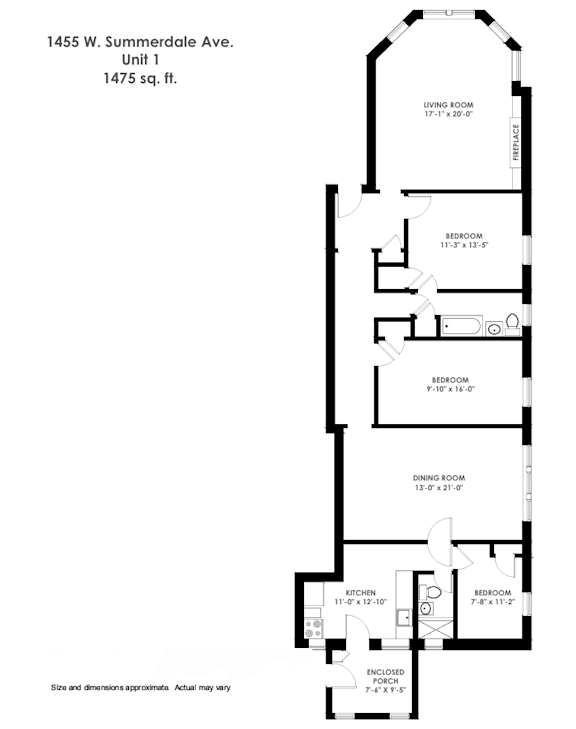 A floor plan for a 1475 sq ft unit with a living room, two bedrooms, a dining room, and a kitchen.
