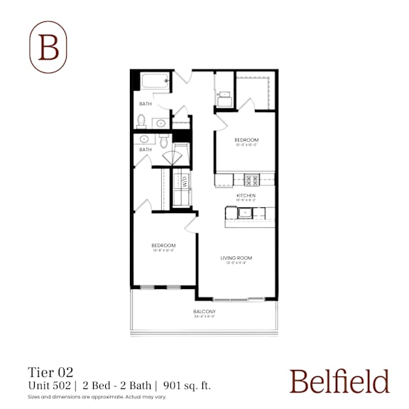 A floor plan for a 2 Bed 2 Bath unit at Belfield.