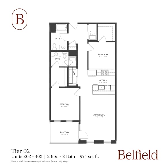 A black and white image of a floor plan for a 2 bedroom, 2 bath apartment.