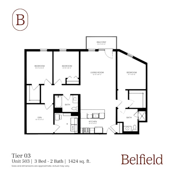 A black and white image of a floor plan for a 3 bedroom, 2 bathroom apartment.