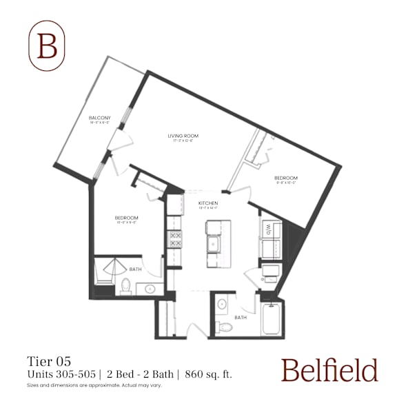 A black and white image of a floor plan for a 2 bedroom, 2 bathroom apartment.