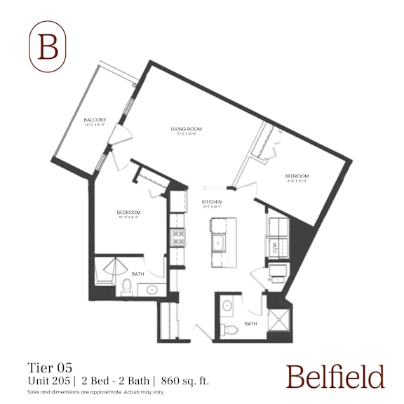A black and white diagram of a house layout with a balcony, two bedrooms, a living room, a kitchen, a bathroom, and two baths.