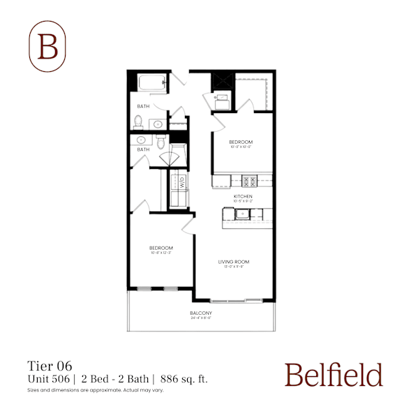 A floor plan of a 2 Bed 2 Bath apartment in Belfield.