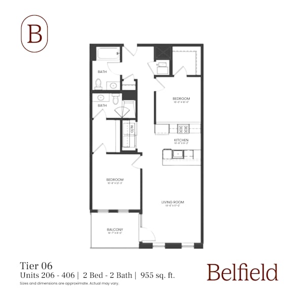 A floor plan of a 2 bedroom, 2 bath apartment in the Belfield building.