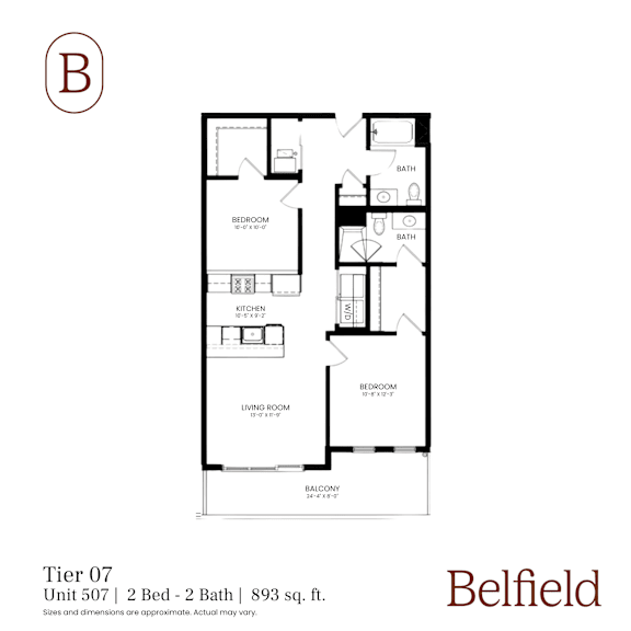 A black and white image of a floor plan for a 2 Bedroom, 2 Bathroom apartment.