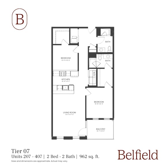A black and white image of a floor plan for a 2 bedroom, 2 bathroom apartment.