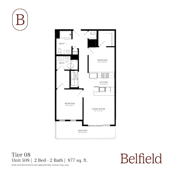 A floor plan for a 2 Bed 2 Bath apartment at Belfield.