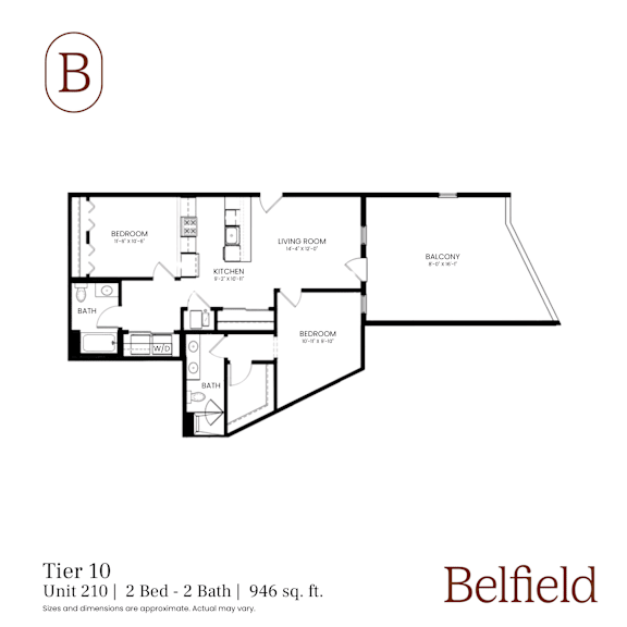 A floor plan for a 2 Bed 2 Bath unit at Belfield.