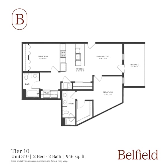 A black and white image of a floor plan for a 2 bedroom, 2 bath apartment.
