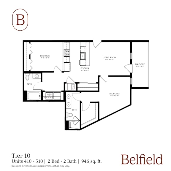 A black and white image of a floor plan for a 2 bedroom, 2 bathroom apartment.