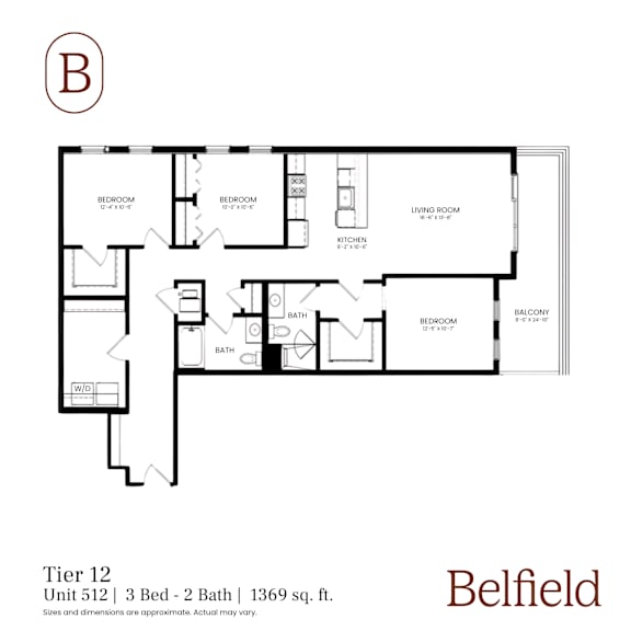 A black and white image of a floor plan for a 1369 square foot home with 3 bedrooms and 2 bathrooms.